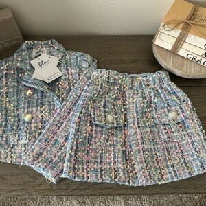 NEW with tags Lola & The Boys Sky Blue Coco Sequin Skirt Suit Sz. 2/3.
